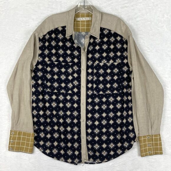 Free People We The Free Oversized Shirt Womens M Tan Moroccan Blue Festival Boho - Picture 1 of 10